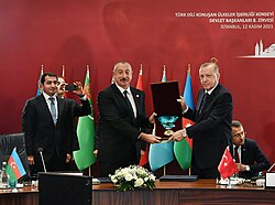President İlham Aliyev receiving the Supreme Order of the Turkic World from Turkish President Recep Tayyip Erdoğan during the 8th summit of the Organization of Turkic States in Istanbul, Turkey, 12 November 2021
