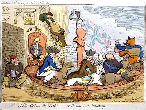 In A Block for the Wigs (1783), caricaturist James Gillray caricatured Charles James Fox's return to power in a coalition with Frederick North, Lord North (George III is the blockhead in the centre).