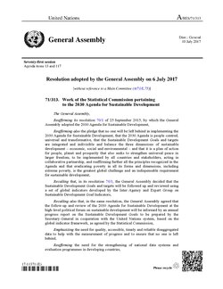Work of the Statistical Commission pertaining to the 2030 Agenda for Sustainable Development containing the targets and indicators, July 2017 (UN resolution A/RES/71/313)
