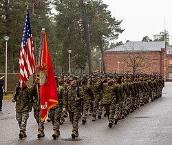 The Marine Corps extended the range of the training to Finland in connection with the DCA agreement.[122] In the picture, Marines participate in the Nyland Brigade's Swedish Heritage Parade in Dragsvik, Finland on November 5, 2023.