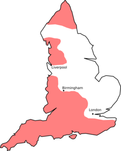 Red areas indicate where rural English accents were rhotic in the 1950s.[12]