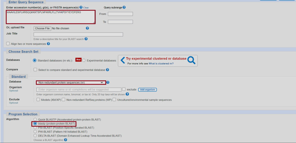 Example of the blastp interface showing fields for entering a query sequence, selecting a database, and adjusting search parameters