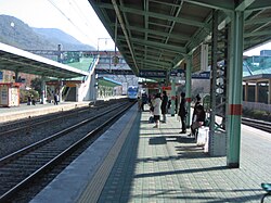 KTX train approaches Miryang station, on the non-high-speed Daegu–Busan section
