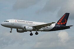 Brussels Airlines Airbus A319 landing at Brussels Airport in Zaventem