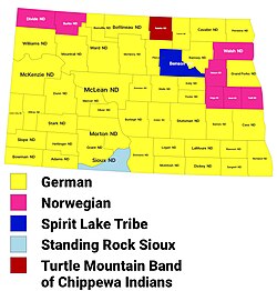 Largest alone or in any combination ethnic origin by county in North Dakota, per the 2020 census [66]