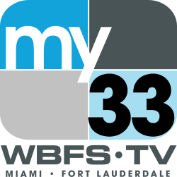 A four-quadrant rounded rectangle, from top left: blue, dark gray, light gray, light blue. In the blue box, the lowercase word "my" in white in a sans serif. In the lower lower right box, a black 33 in a sans serif. Beneath are two lines: WBFS-TV / Miami • Fort Lauderdale