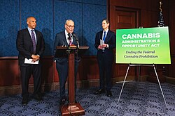 Senators Booker, Schumer, and Wyden unveil the Cannabis Administration and Opportunity Act in May 2024.