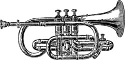 Short-model traditional cornet, also known as a shepherd's crook—shaped model (Webster's Dictionary 1911)