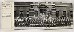 U.S. Navy men taking examination for commission grouped in front of Penn Law School main building in August 1918