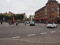 A view of central Lund just outside the railway station. Clemenstorget is on the left.