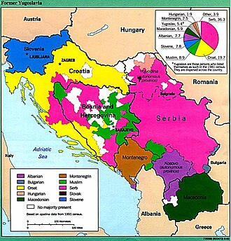 Ethnic map of Yugoslavia based on 1991 census data, published by the CIA in 1992