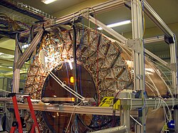 The TRT (Transition Radiation Tracker) central section, the outermost part of the Inner Detector, assembled above ground and taking data from cosmic rays[28] in September 2005.