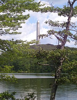 High Point Monument seen from Lake Marcia at High Point in Sussex County, New Jersey, the highest elevation in New Jersey at 1,803 feet (550 m) above sea level.[43]