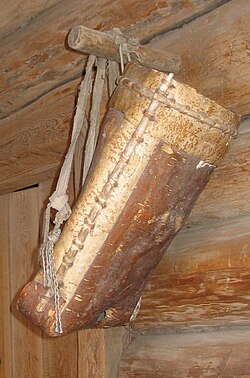 Backpack made of birch bark. Museum by Lake Baikal, Russia