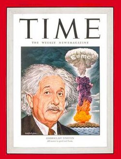 The popular connection between Einstein, the equation E = mc2, and the atomic bomb was prominently indicated on the cover of Time magazine in July 1946.