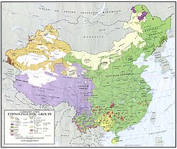 A demographic map of China shaded by region to indicate different language families and minority groups.