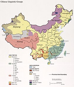 Northern regions are predominantly Mandarin-speaking, while southern regions speak southwestern Mandarin, Eastern Mandarin, and non-Mandarin. ("Mandarin" and "Southern" on this map refer to Sinitic languages, while other groups are not Sinitic.)[14][note 2]