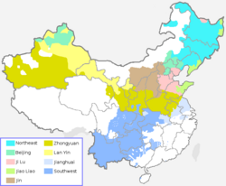 The distribution of Mandarin dialects in China