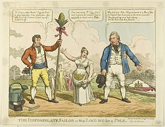 "The Disconsolate Sailor", 1811: a cartoon by Charles Williams about Catherine Tylney-Long's choice between the Duke of Clarence (right) and William Wesley-Pole (left)
