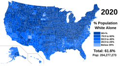 Proportion of White Americans in each county in 2020