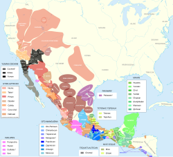 Pre-contact distribution of native American languages in the Southwest US, Mexico, and Central America
