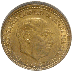 A 1963 Spanish peseta coin with the image of Generalissimo Francisco Franco, and inscription Caudillo de España, por la Gracia de Dios (Spanish for "Caudillo of Spain, by the Grace of God")