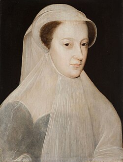 Mary's all-white mourning garb earned her the sobriquet La Reine Blanche ("the White Queen").[59] Portrait by François Clouet, 1560.