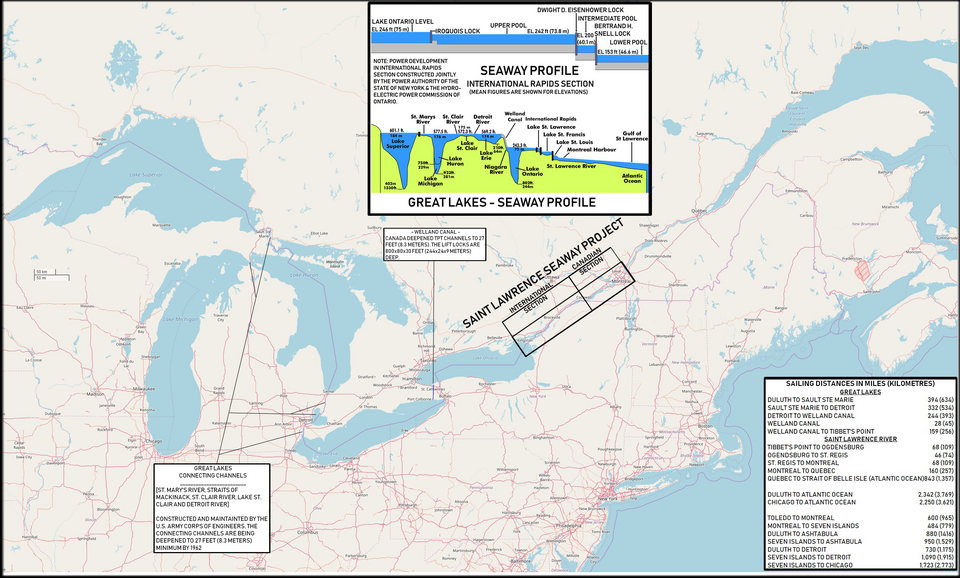 Map of the Great Lakes, Great Lakes Waterway, St. Lawrence Seaway depicting the entire length.