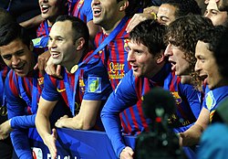 Barcelona celebrating their 2011 FIFA Club World Cup win against Santos