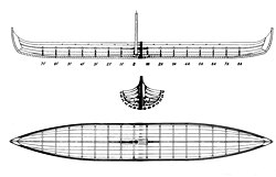 Schematic drawing of a longship construction representing the Sebbe Als ship. It is a reconstructed snekke from Denmark.