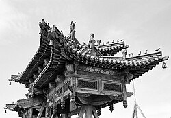 Gate detail at the Green Palace, in Ulaanbaatar, Mongolia contains Chinese architectural influences.