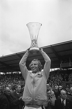 Berti Vogts with the UEFA Cup, 1975