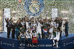 Marcelo hoisting the European Champion Clubs' Cup as Real Madrid celebrate winning the UEFA Champions League, on 26 May 2018