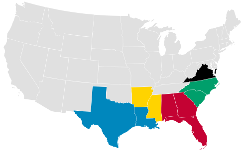 Map of the five Reconstruction military districts