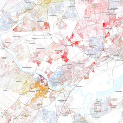 Map of racial distribution in Edison, 2020 U.S. census. Each dot is one person: ⬤ White ⬤ Black ⬤ Asian ⬤ Hispanic ⬤ Multiracial ⬤ Native American/Other