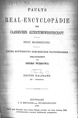 The first page of the first half-volume (halbband) of the Pauly–Wissowa
