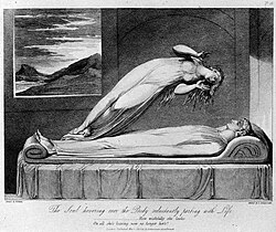 Depiction of the soul leaving the body at the moment of death: The Grave, illustrated by William Blake, engraved by Luigi Schiavonetti, 1808