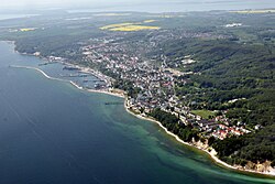 An aerial view of Sassnitz seaside resort and the nearby Jasmund National Park chalk cliffs, Rugia island in Germany