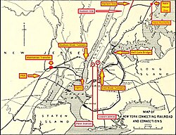 Annotated map of projects that the Pennsylvania Railroad and the New Haven Railroad undertook between 1903 and 1917, connecting their lines and effectively completing the Northeast Corridor. From left to right:Manhattan Transfer stationNew York Tunnel ExtensionPennsylvania StationNew York Connecting RailroadHell Gate Bridge