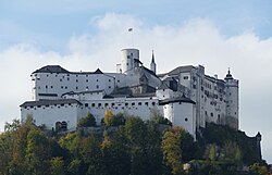 The Romanesque Palace, Hohensalzburg Fortress, with a ring wall enclosing the hilltop, built on the site of a Roman fort