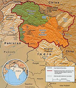 The areas shown in green are the Pakistani-controlled areas.[345]