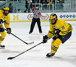A referee calls a delayed penalty, which sees play continue until a goal is scored, or the opposing team regains control of the puck.