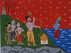 A painting depicting Parashurama, surrounded by settlers, commanding Varuna (the Hindu god of water) to part the seas