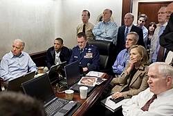 Photo of Obama, Biden, and national security staffers in the Situation Room, somberly listening to updates on the bin Laden raid