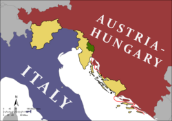 Territories promised to Italy by the Treaty of London (1915), i.e. Trentino-Alto Adige, the Julian March and Dalmatia (tan), and the Snežnik Plateau area (green). Dalmatia, after WWI, however, was not assigned to Italy but to Yugoslavia.