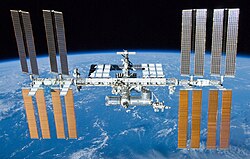 The International Space Station (ISS) seen from the Space Shuttle Atlantis on the STS-132 mission