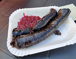 Lingonberry jam with mustamakkara, a traditional food in Tampere