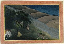 The First Night in Exile – This painting comes from a series illustrating the Ramayana, a Hindu epic poem. It depicts prince Rama, who is wrongly exiled from his father's kingdom, accompanied only by his wife and brother.