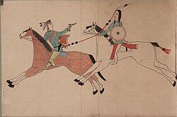 Ledger drawing showing a battle between a Cheyenne warrior (right) and an Osage or Pawnee warrior (left).