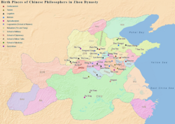 Birthplaces of notable Chinese philosophers of the Hundred Schools of Thought in Zhou dynasty. Confucians are marked by triangles in dark red.